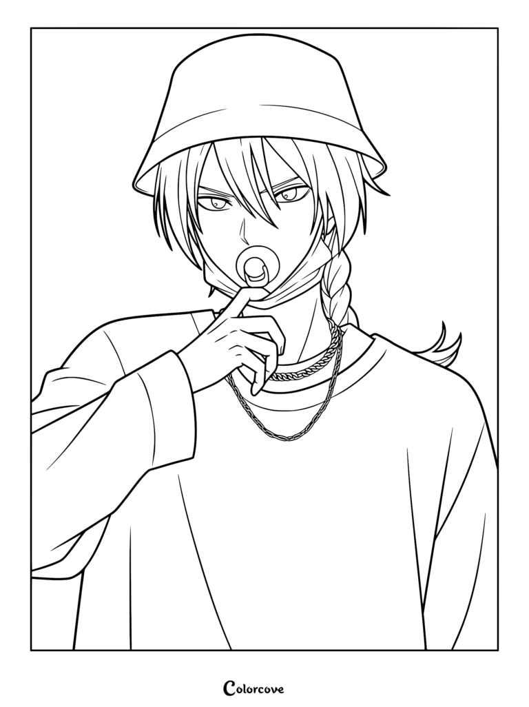 A detailed line art coloring page of Shin from Kill Blue, wearing a bucket hat and chains while holding a pacifier to his mouth.