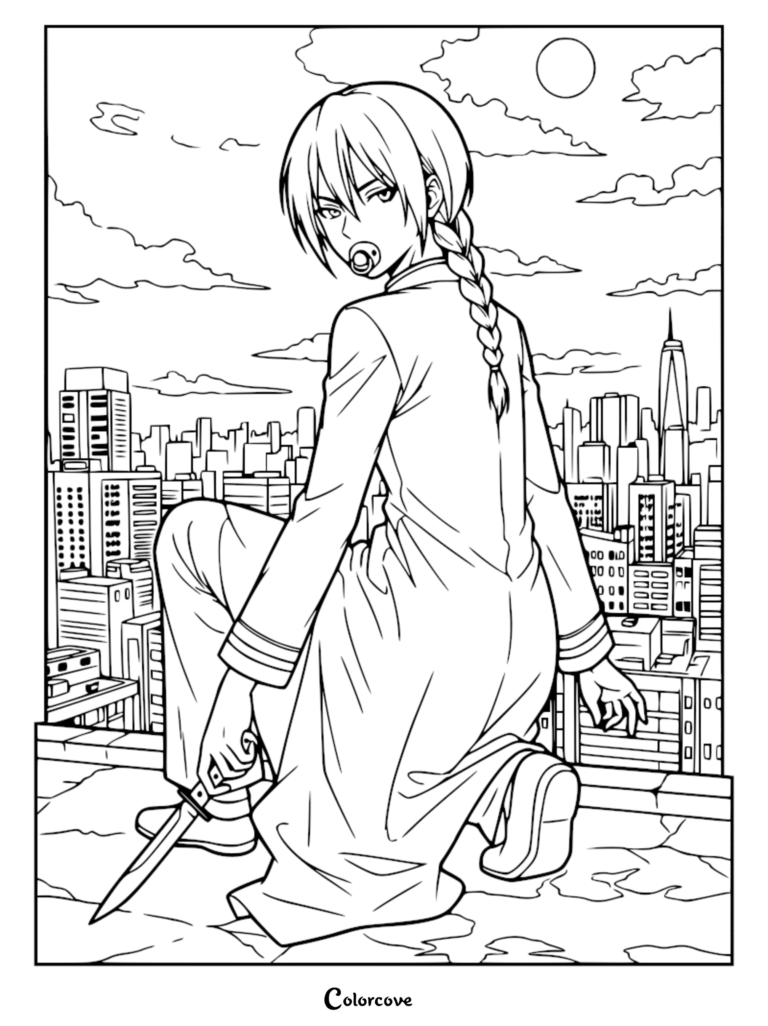Shin Kohazame with a pacifier in his mouth, kneeling on a rooftop with a knife in hand, depicted in a detailed line art coloring page style against a city skyline.