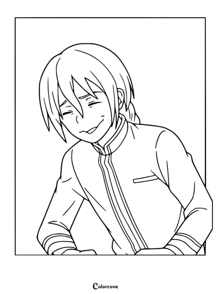 A detailed line art coloring page featuring Shin Kohazame with a gentle, smiling expression, wearing his signature school uniform.