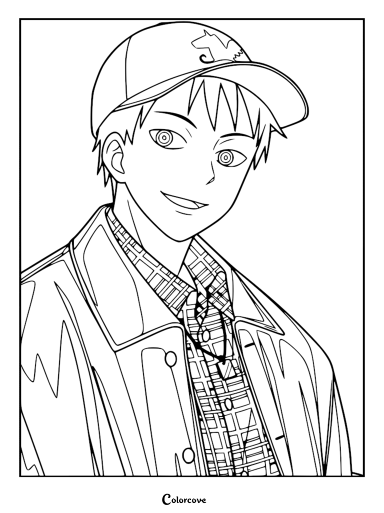 A detailed line art coloring page featuring Tenma Tendo from Kill Blue, wearing his signature cap with a unicorn emblem and a plaid shirt.