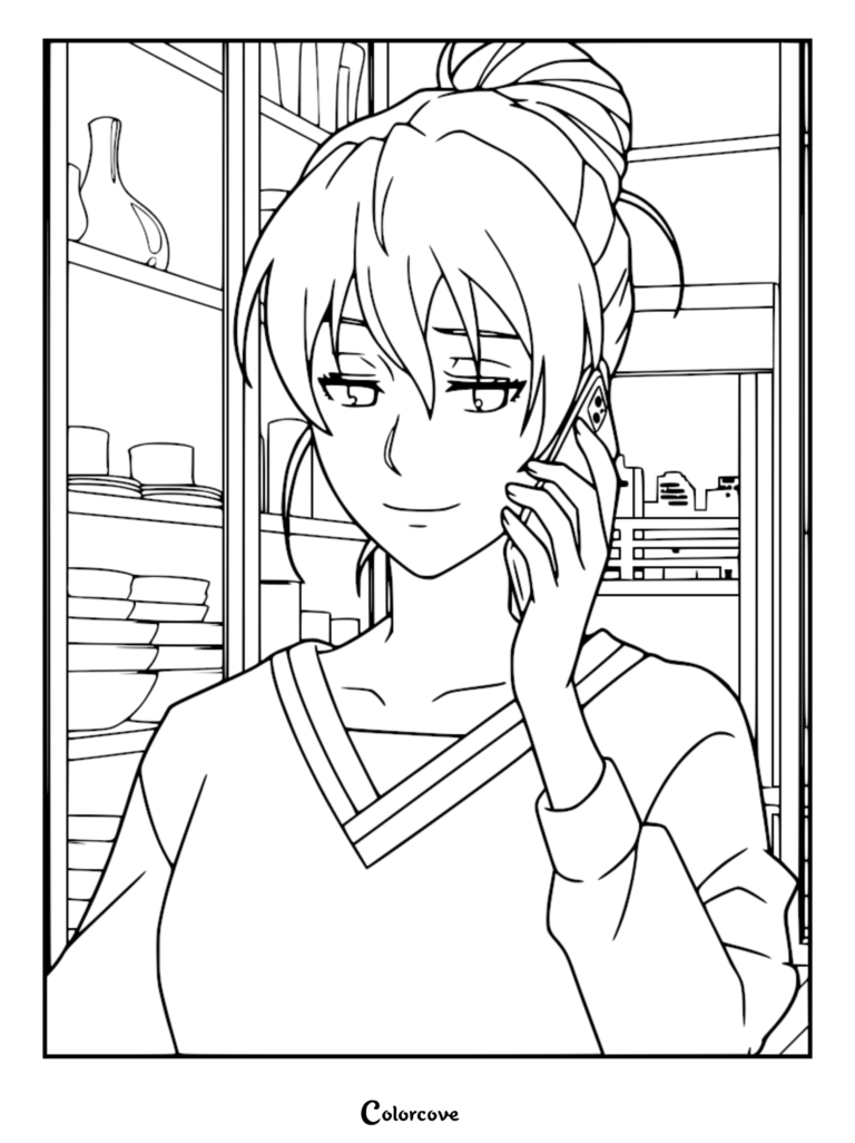 Eri Wanibuchi from Kill Blue with her light brown hair in a high bun, talking on a smartphone in a kitchen setting, line art coloring page.