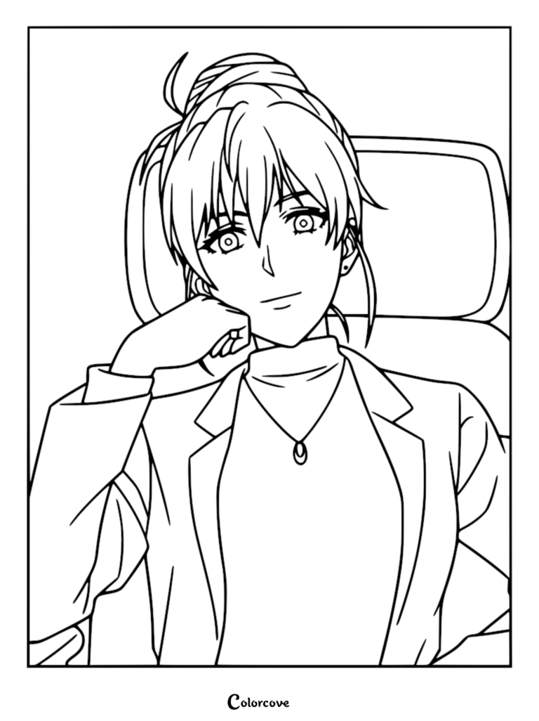 Eri Wanibuchi from Kill Blue in a detailed line art coloring page, shown with her hair tied up and wearing a necklace.