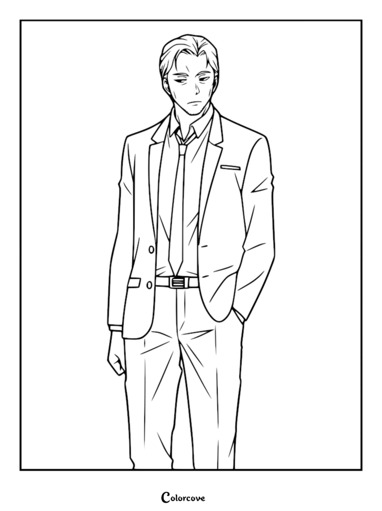A printable coloring page featuring Juzo Ogami in his adult form, standing in a sharp suit and tie with a serious expression.