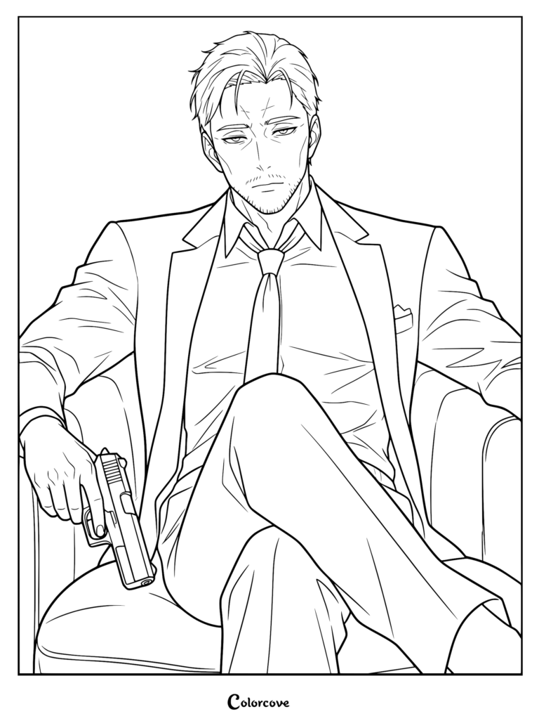 A detailed line art coloring page featuring the adult version of Juzo Ogami from Kill Blue, sitting in a chair while holding a handgun.