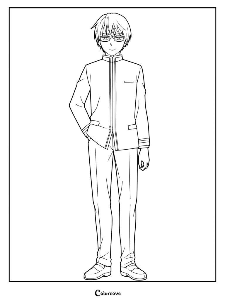 A printable coloring page featuring Juzo Ogami in his younger 13-year-old form, wearing his Rikka Middle School uniform and glasses.