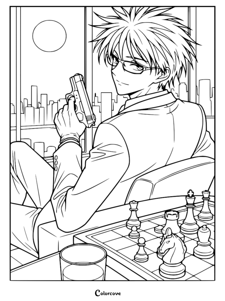 Juzo Ogami from Kill Blue sitting in a chair with a handgun, looking over his shoulder at a chessboard in this detailed line art coloring page.