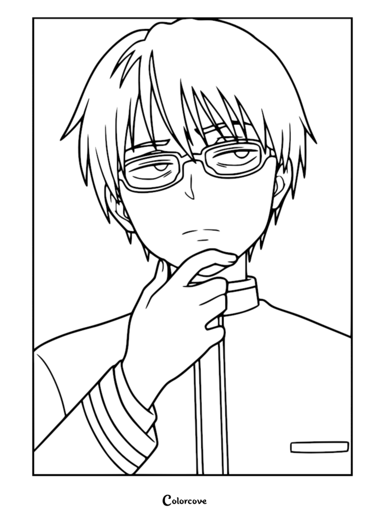 Juzo Ogami from Kill Blue wearing glasses and a school uniform, resting his chin on his hand in a thoughtful pose, presented as a clean line art coloring page.