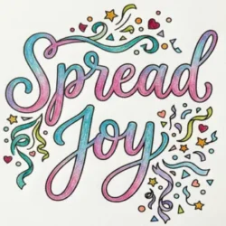 A colorful, hand-lettered artistic graphic that reads 'Spread Joy' surrounded by festive confetti and streamers.