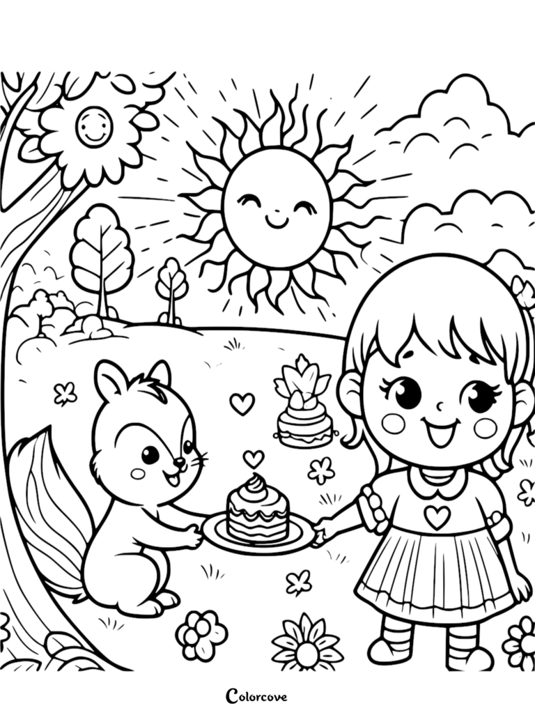 A cute coloring page of a girl and a squirrel sharing a plate with a heart-topped cake in a sunny meadow with a smiling sun and flowers.