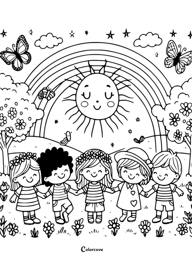 A friendly coloring page featuring five diverse children holding hands in a park beneath a smiling sun, a large rainbow, butterflies, and blooming flowers.
