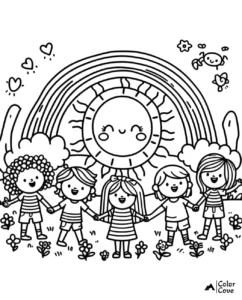 a group of kids holding hands in front of a rainbow