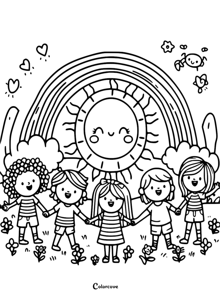 A printable kindness coloring page featuring five diverse children holding hands in a line under a smiling sun and rainbow with floating hearts and flowers.
