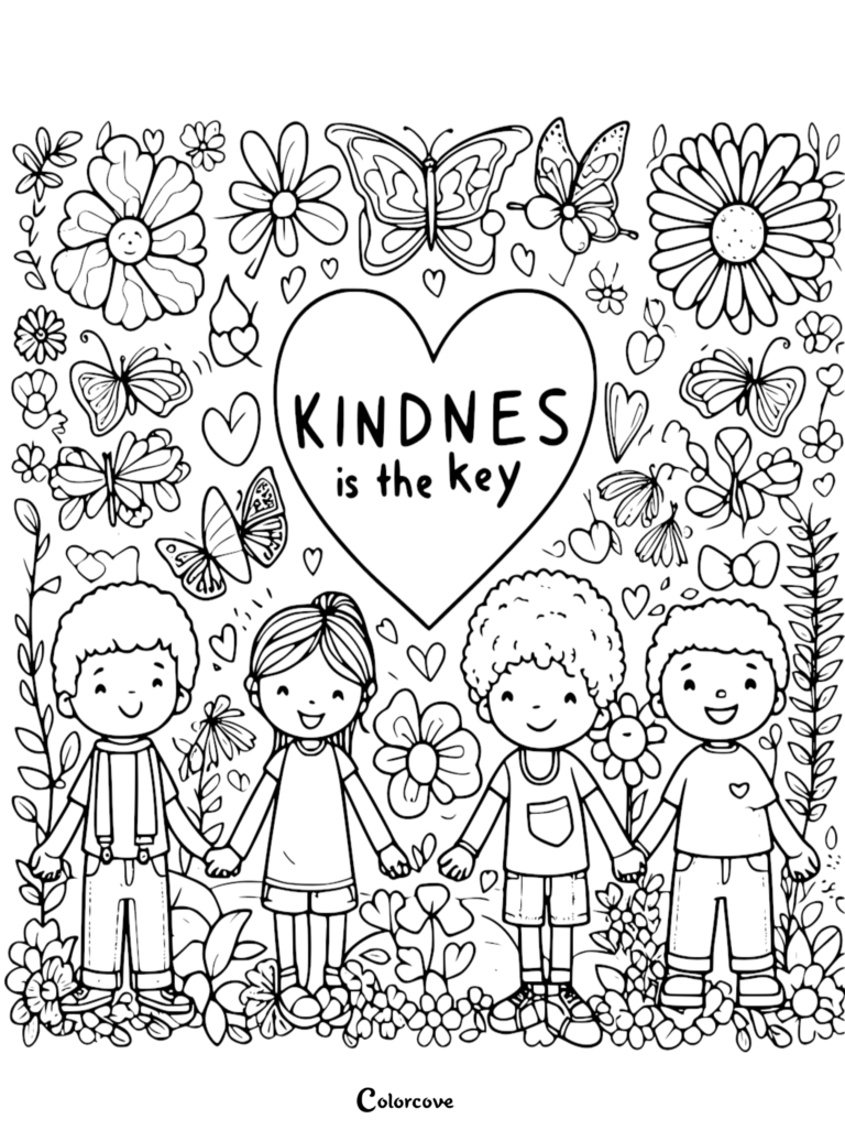 A printable kindness coloring page featuring four diverse children holding hands under a large heart with the text Kindness Is The Key, surrounded by butterflies and blooming garden flowers.