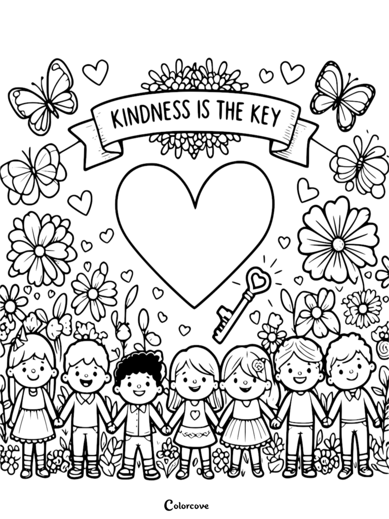 A printable coloring page featuring seven diverse children holding hands in a flower garden beneath a banner that reads Kindness Is The Key, with a large central heart and a decorative key.