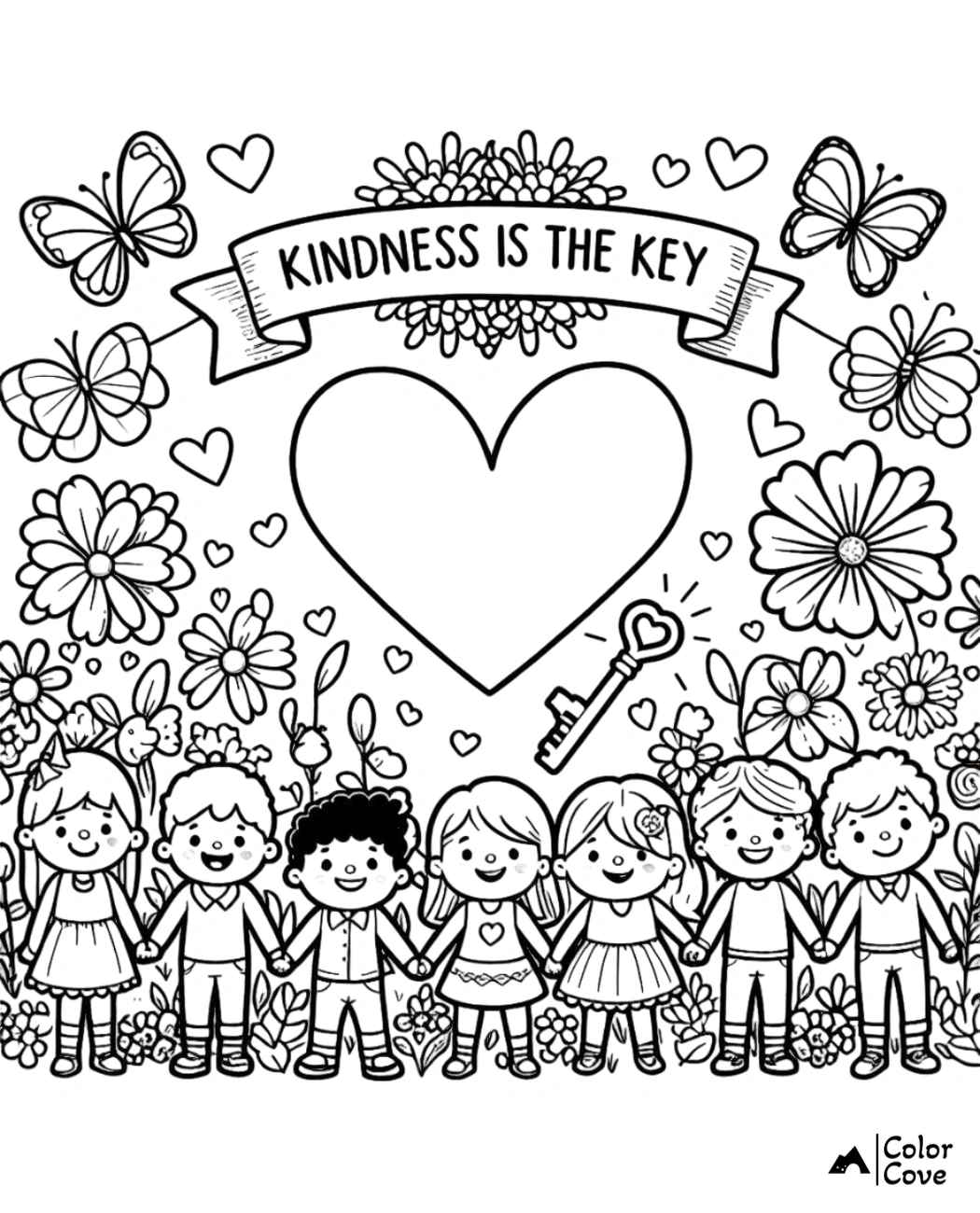 a coloring page of a group of kids holding hands