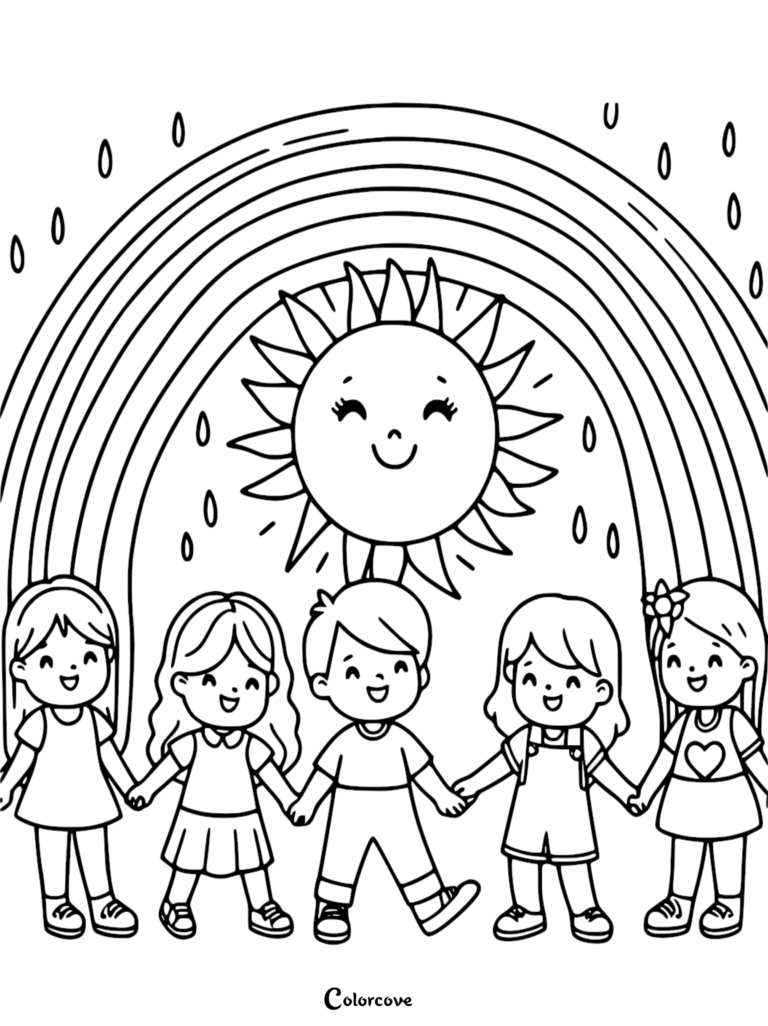 A printable coloring page featuring five happy children holding hands beneath a smiling sun and a large rainbow amidst falling raindrops.