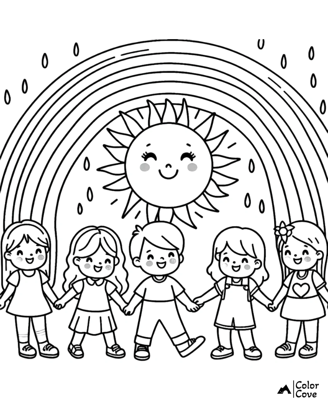 a group of children holding hands and standing under a rainbow