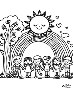 a group of kids holding hands under a rainbow