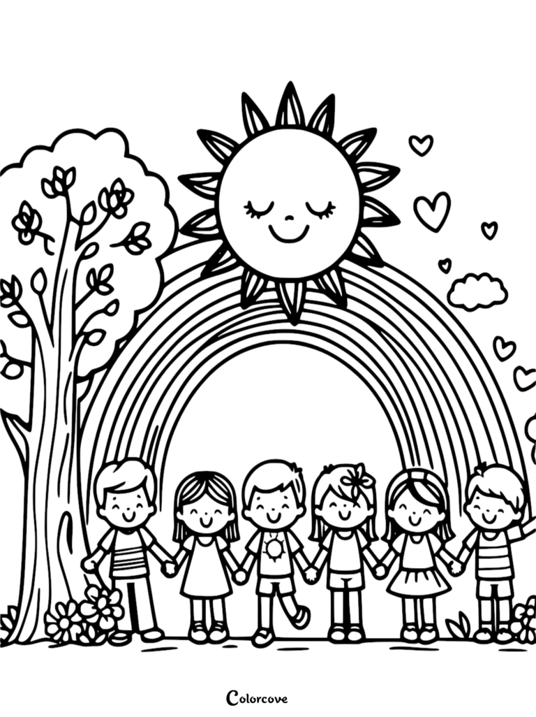 A printable coloring page featuring six diverse children standing in a line holding hands beneath a smiling sun and a large rainbow, flanked by a tree and floating heart shapes.