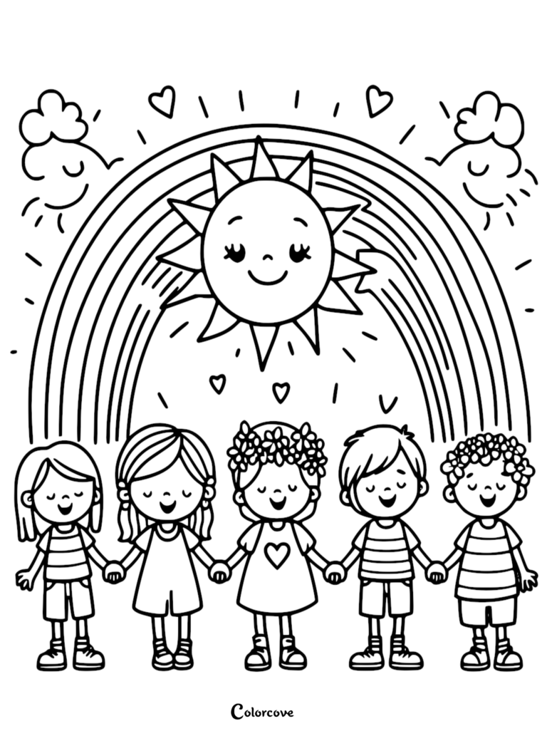 A children's coloring page featuring five diverse kids smiling and holding hands under a smiling sun and a large rainbow, surrounded by floating hearts and clouds.
