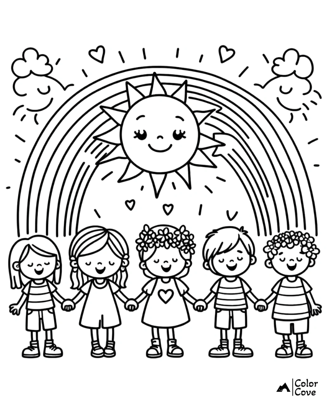 a group of kids holding hands and smiling sun and rainbow