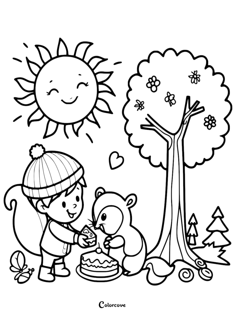 A whimsical coloring page showing an anthropomorphic squirrel in a winter hat sharing a slice of cake with another squirrel under a flowering tree with a smiling sun.