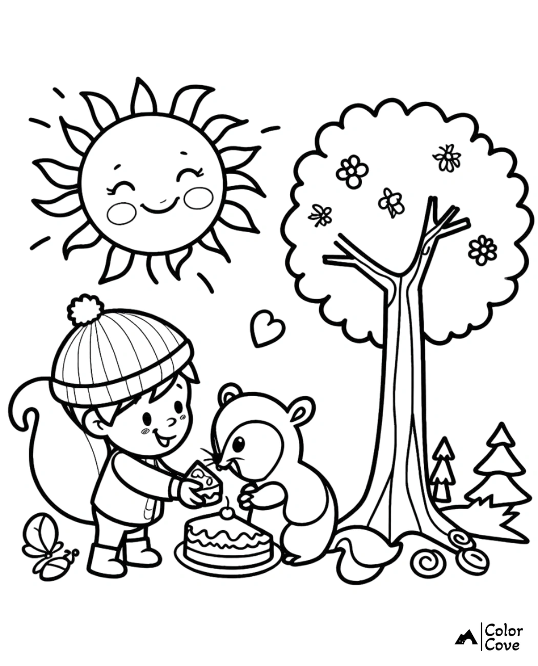 a cartoon of a boy and a squirrel cutting a cake