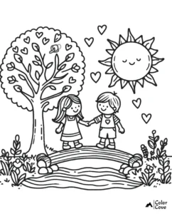 a black and white drawing of a boy and girl holding hands on a bridge