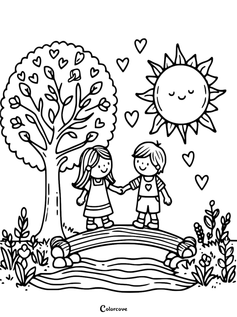 A cute black and white coloring page showing a boy and girl holding hands on a wooden bridge under a heart-shaped tree and a smiling sun.