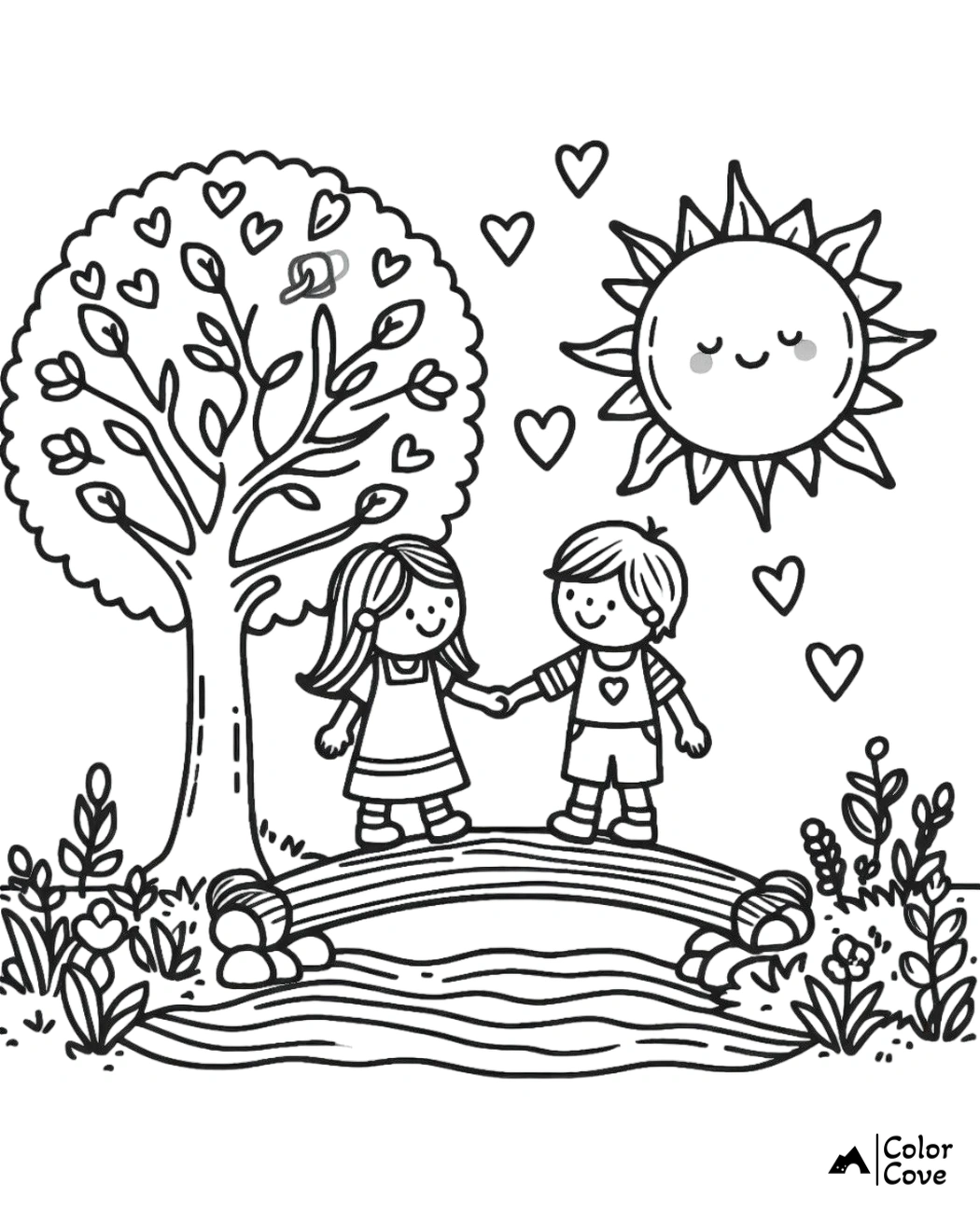 a black and white drawing of a boy and girl holding hands on a bridge