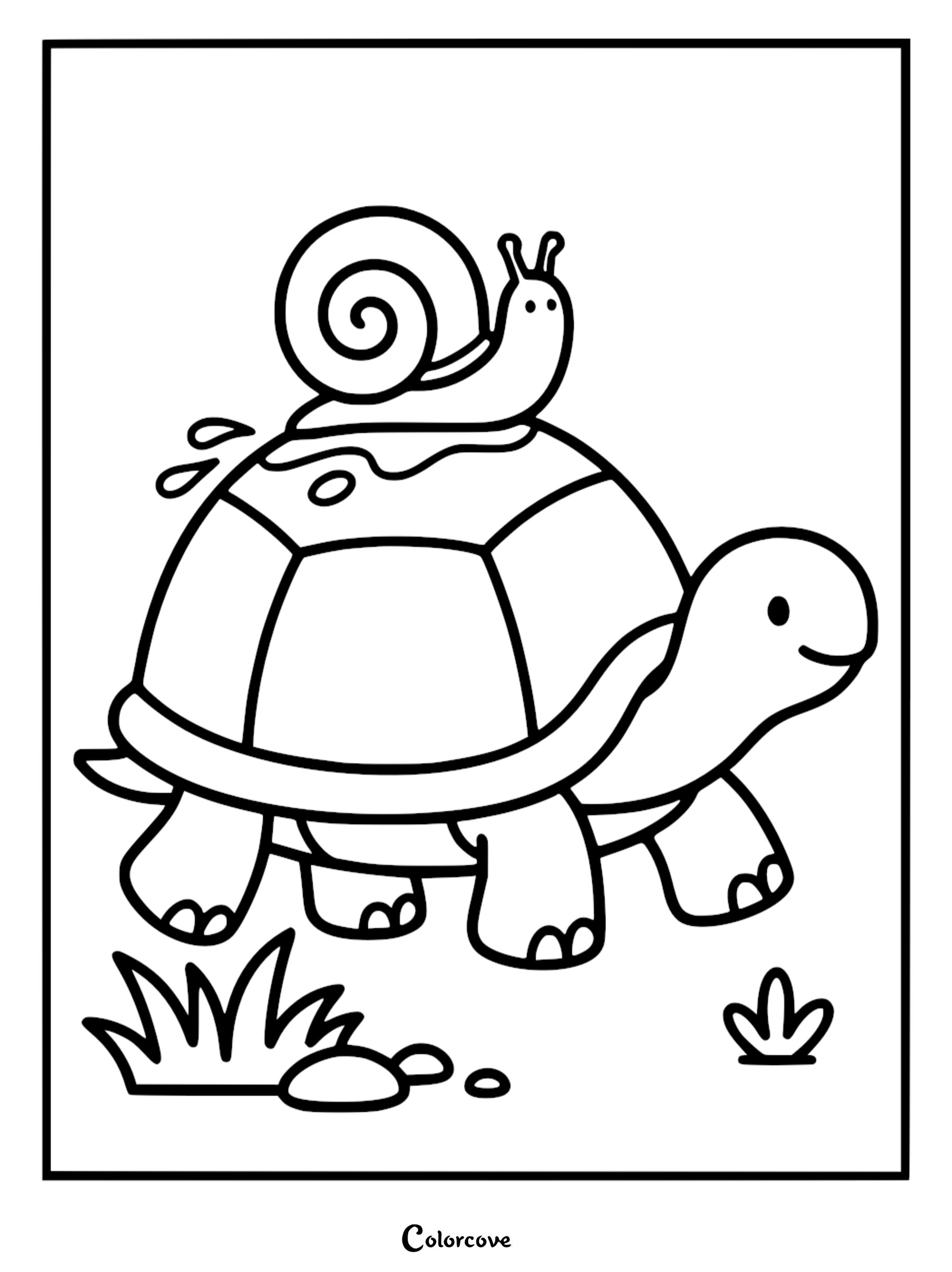 A friendly snail riding on the shell of a happy turtle in a simple line art coloring page.