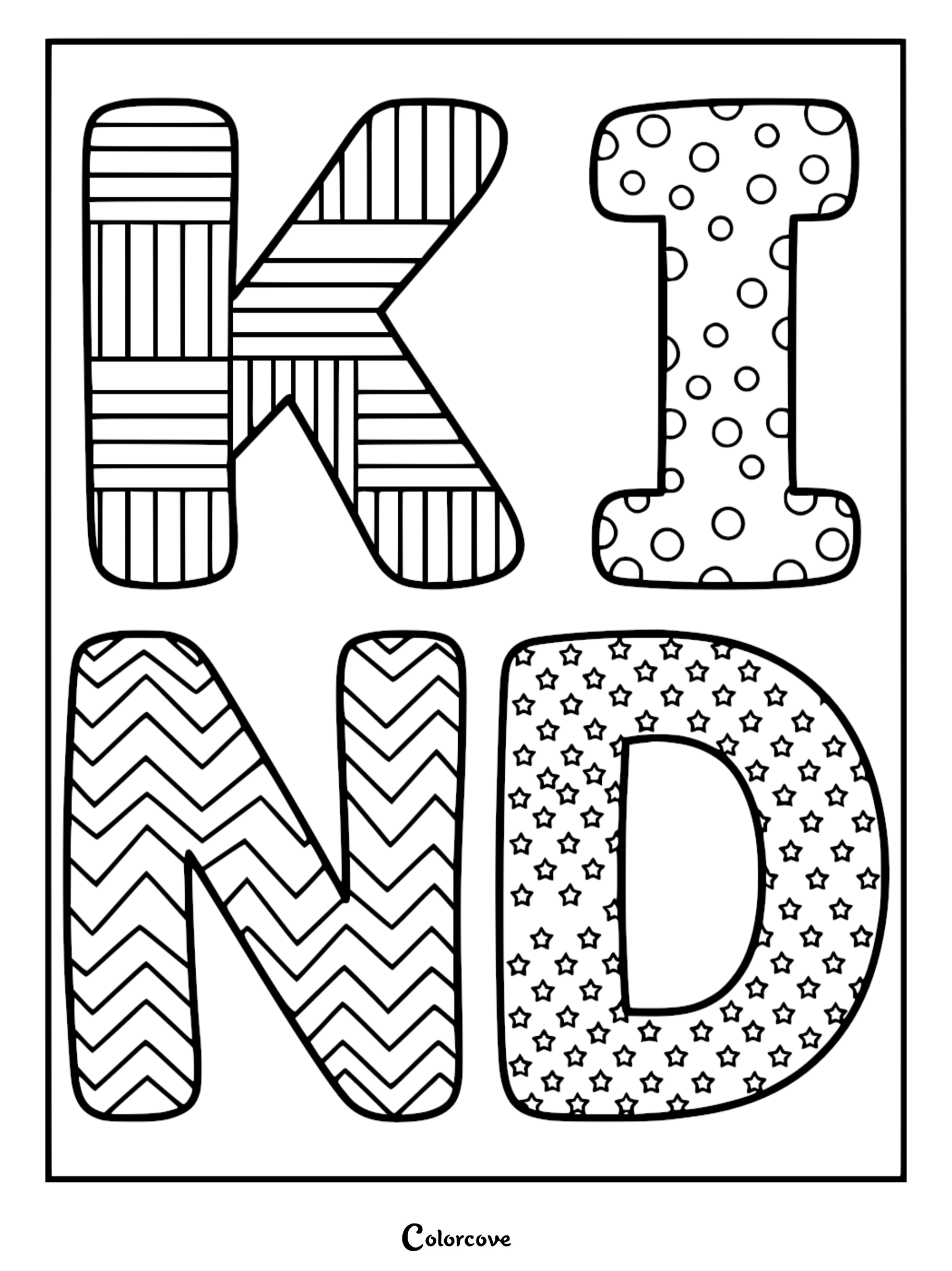A printable coloring page featuring the word KIND in bold block letters with stripe, polka dot, chevron, and star patterns.