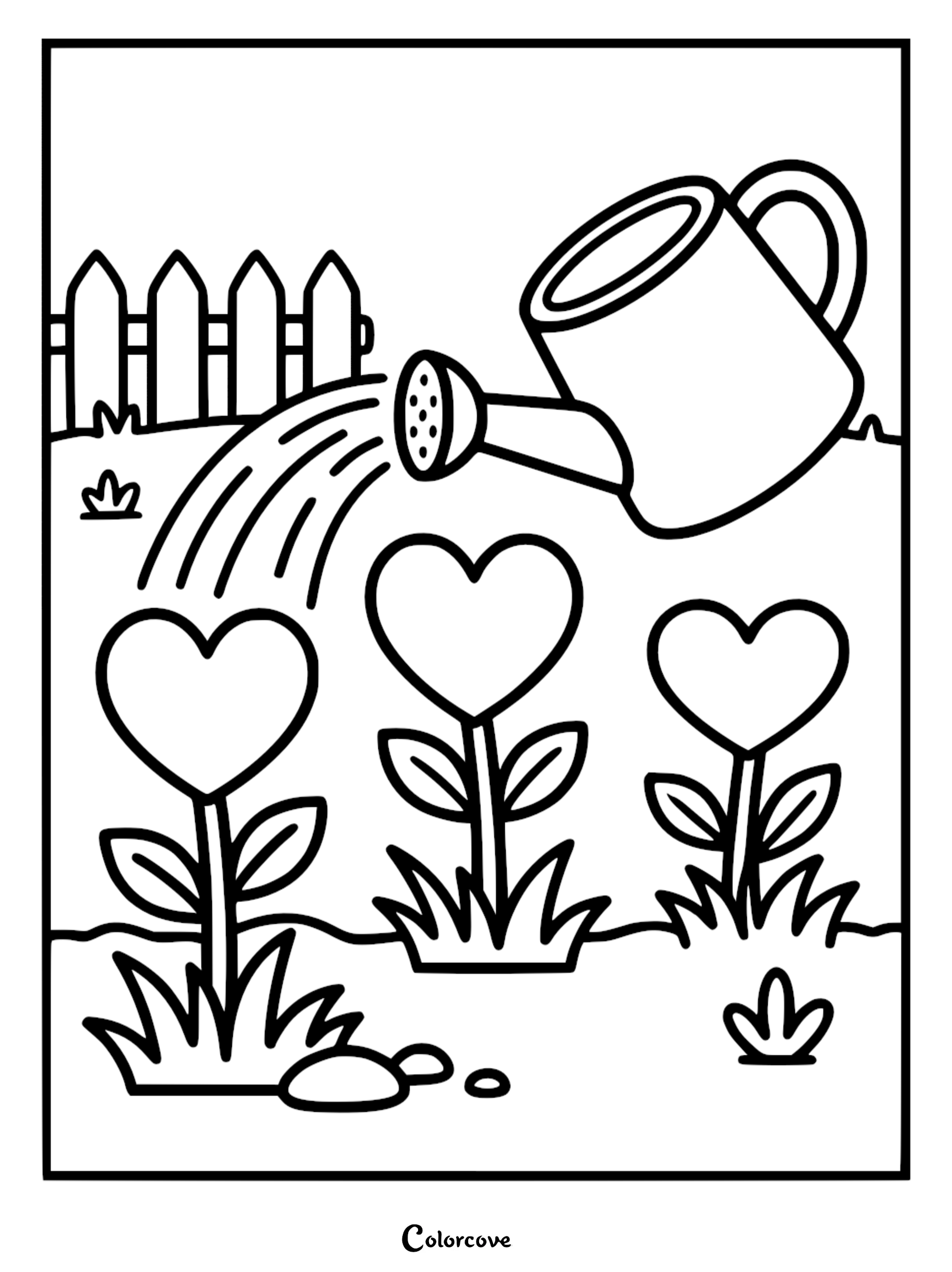 A printable coloring page featuring a watering can pouring water onto three growing flowers with heart-shaped blossoms in a garden with a picket fence.