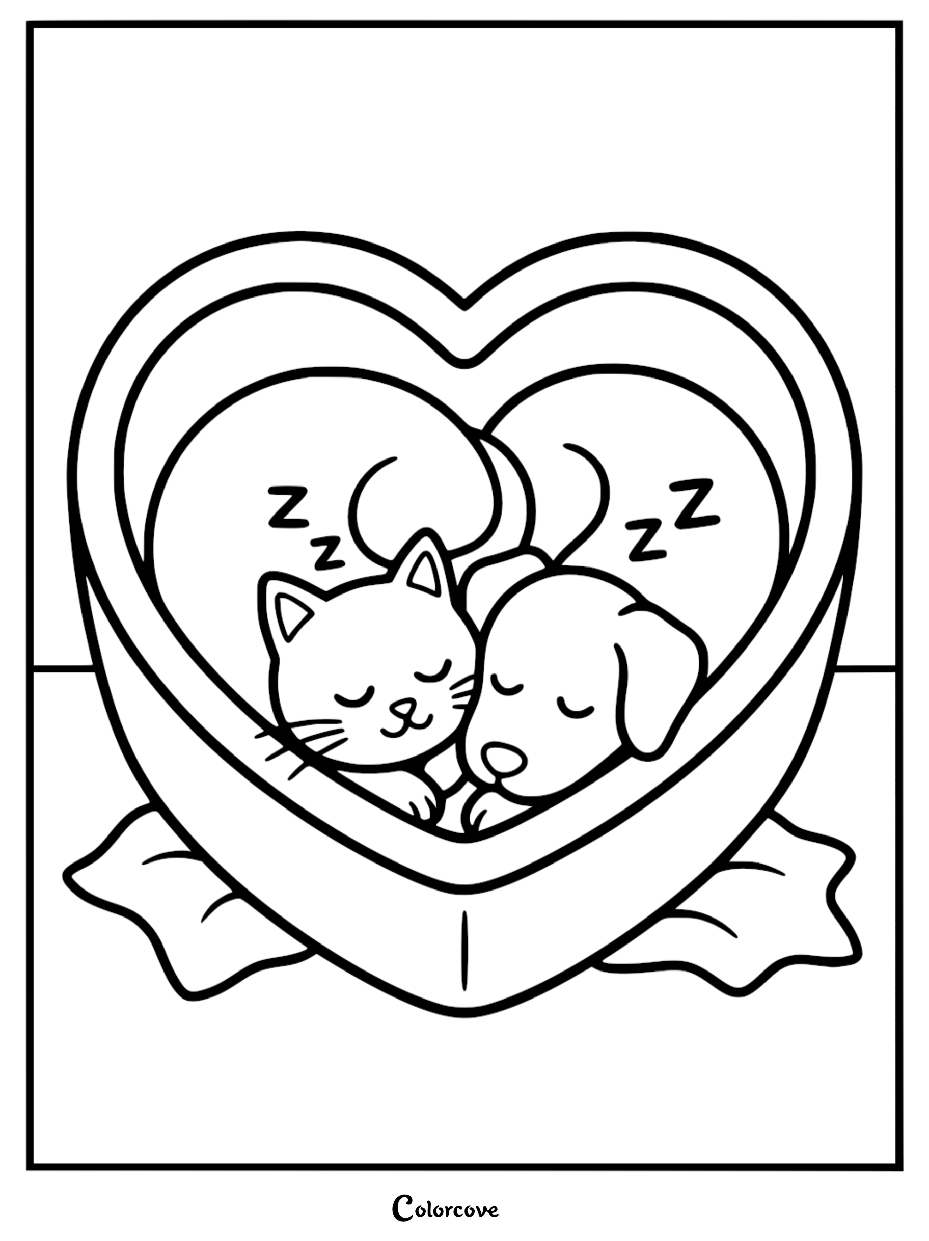 A cute coloring page featuring a puppy and a kitten curled up asleep together inside a large heart-shaped pet bed.