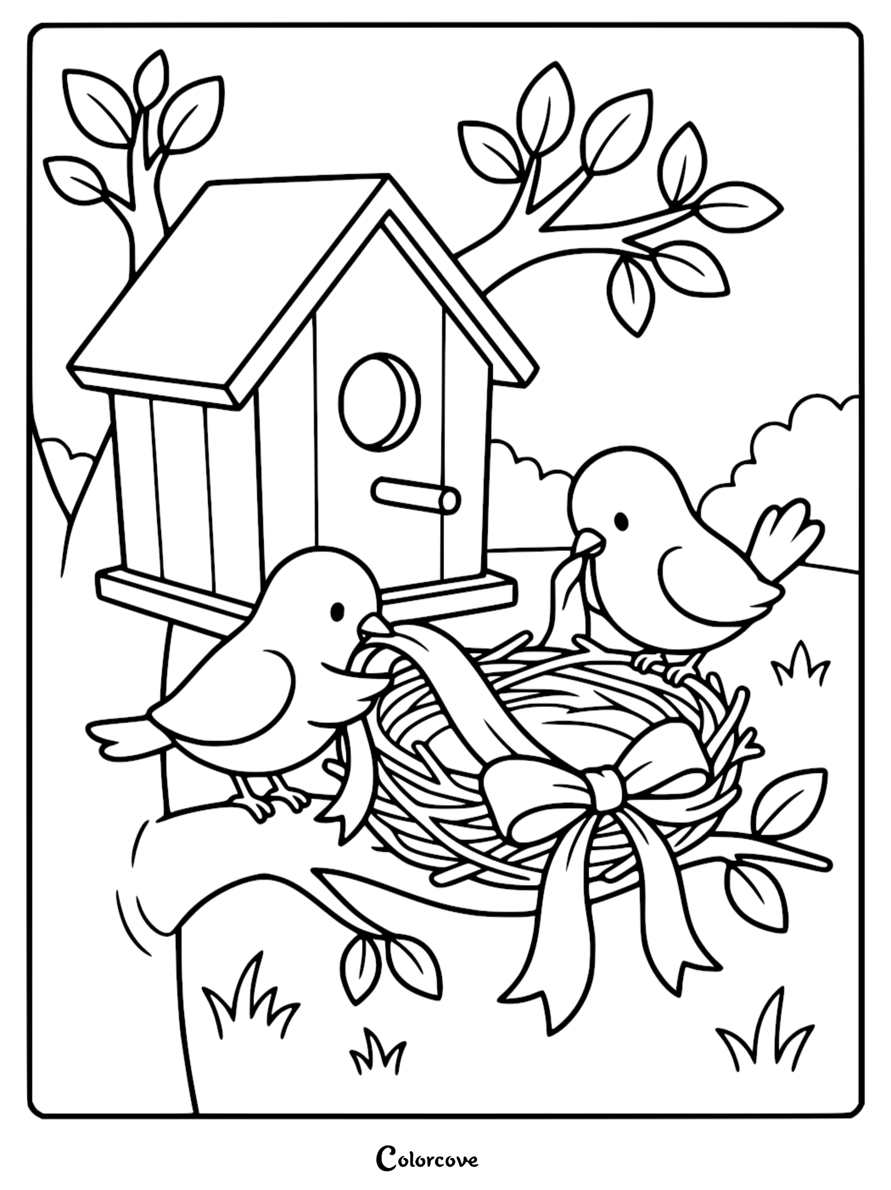 A printable coloring page featuring two cute birds adding a ribbon bow to their nest near a wooden birdhouse on a tree branch.
