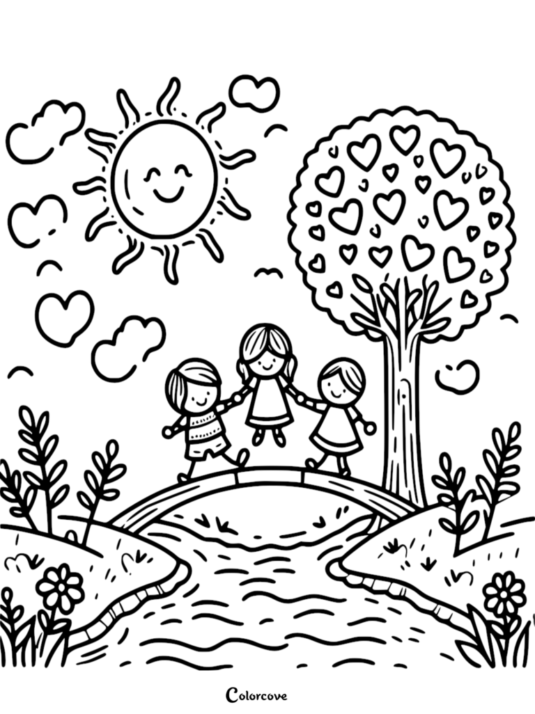 A printable kindness coloring page showing three happy children holding hands while skipping across a stone bridge under a heart-leaf tree and a smiling sun.