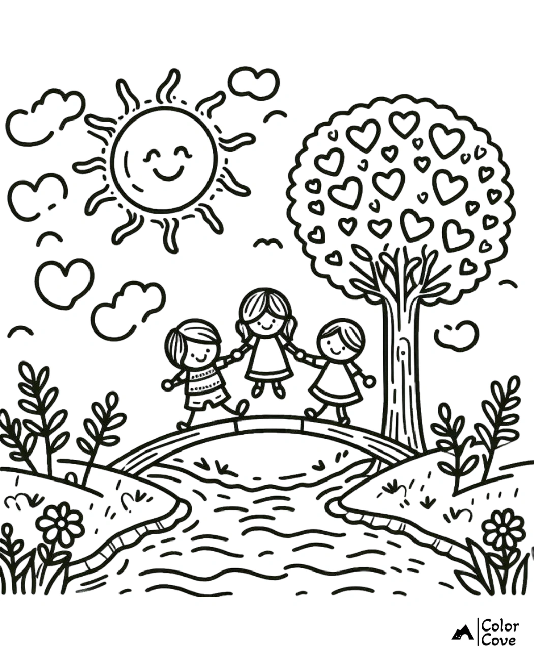 a drawing of girls holding hands on a bridge over a river