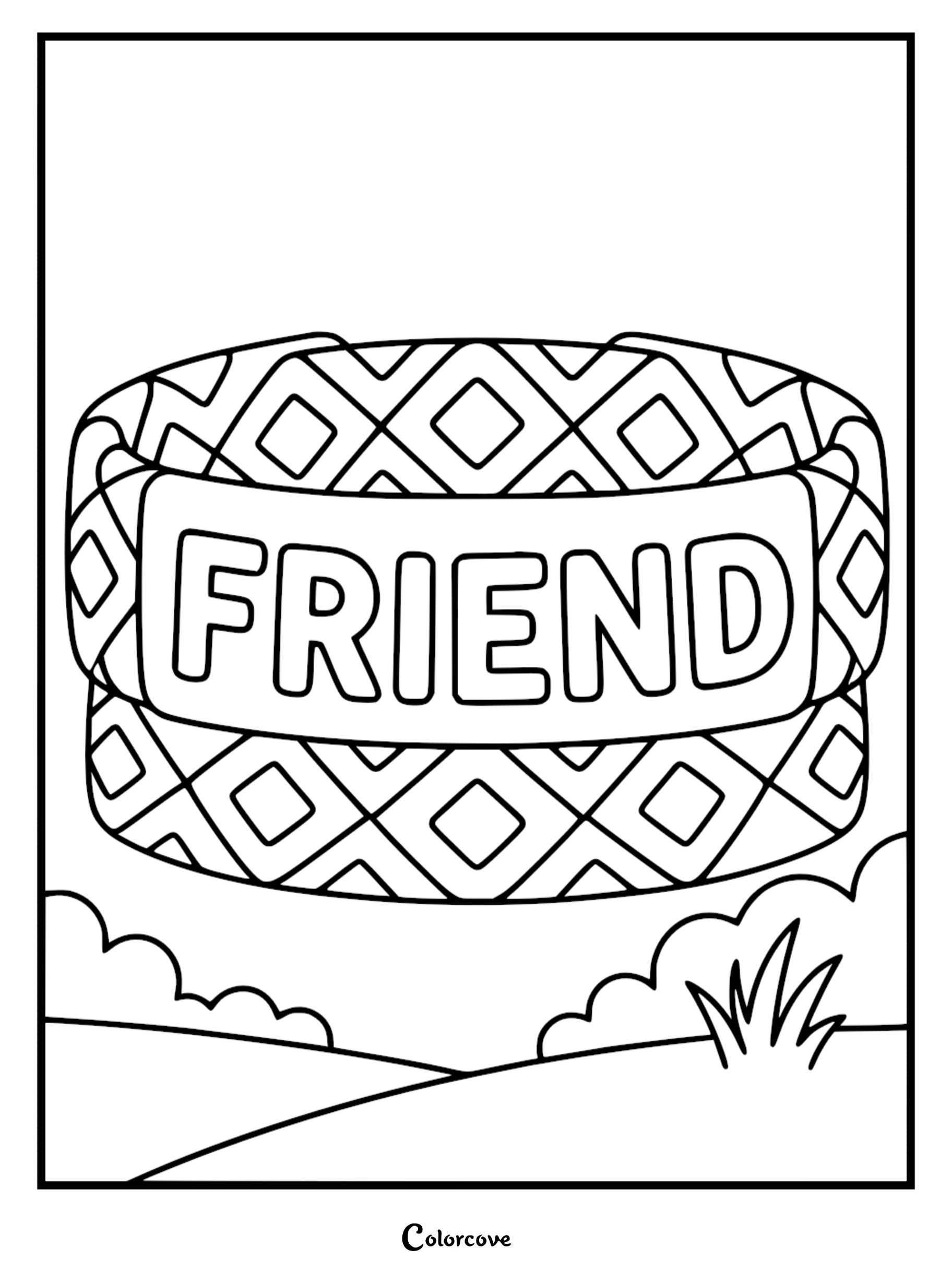 A printable coloring page featuring a horizontal, patterned friendship bracelet with the word FRIEND in bold, block letters in the center, set against a simple outdoor landscape with grass and clouds.