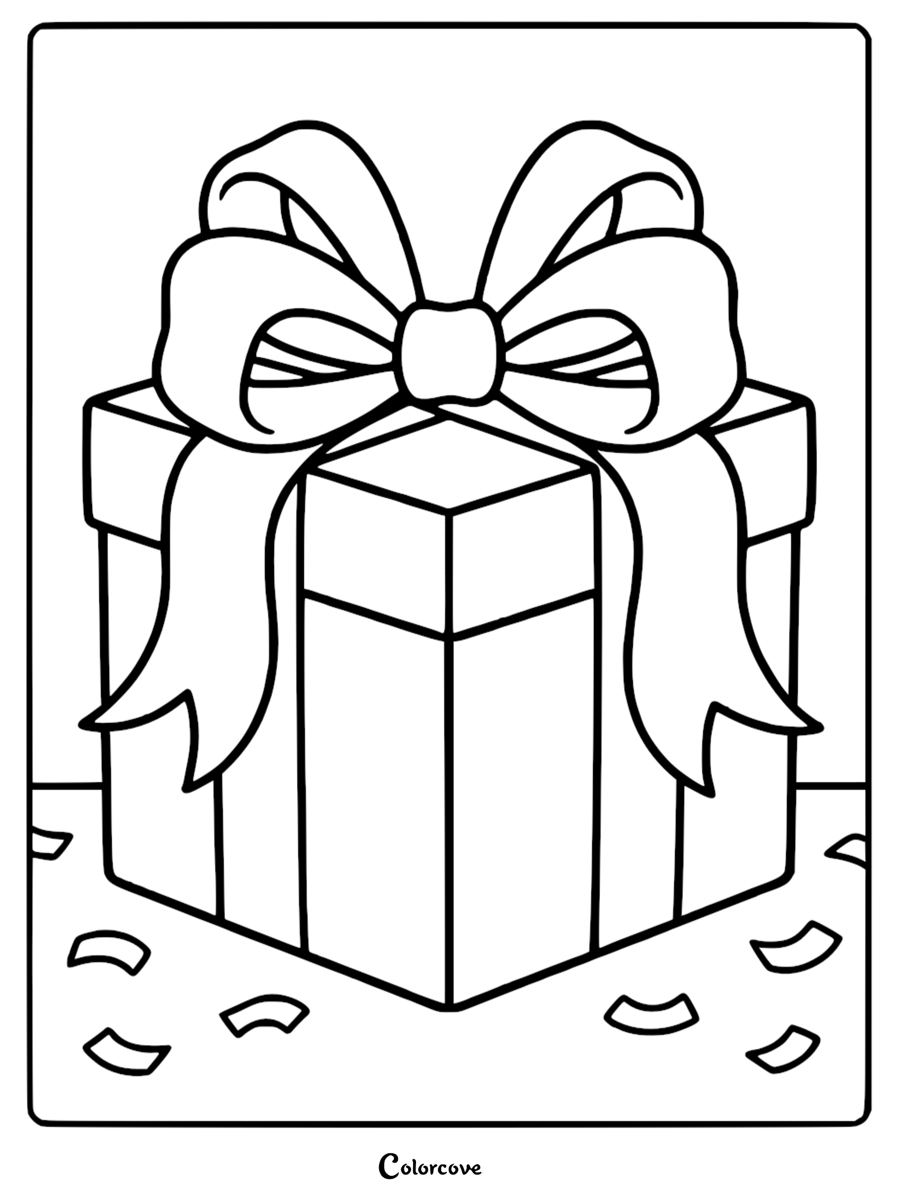 A simple black and white coloring page featuring a square gift box tied with a large, elaborate bow, surrounded by scattered confetti pieces.