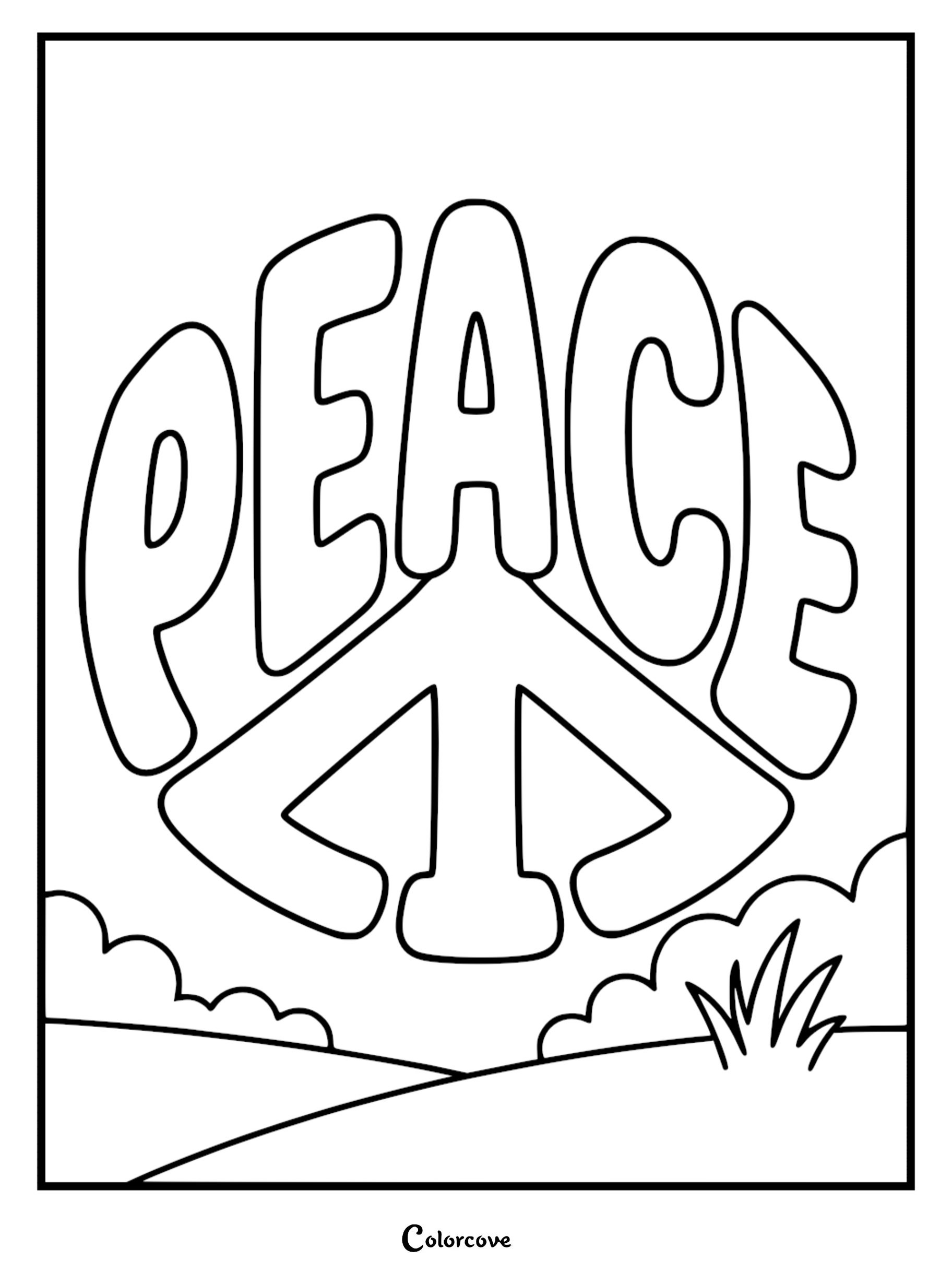 Bold bubbly letters spelling PEACE integrated into a large peace sign symbol in a grass meadow coloring page.