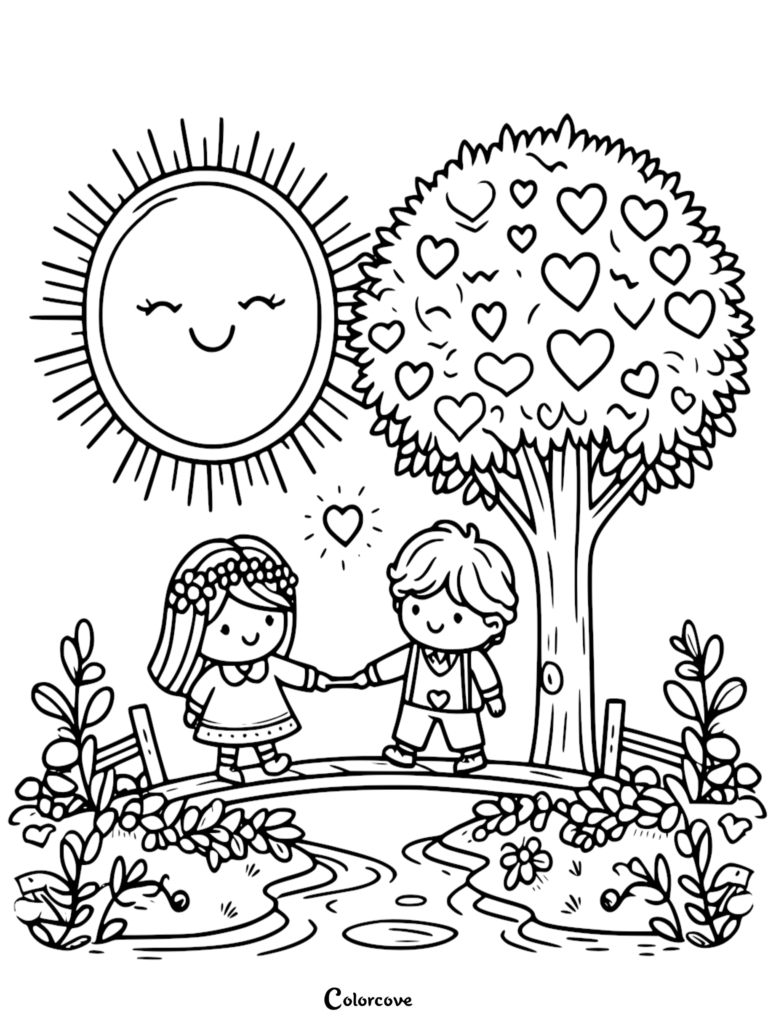 A cute coloring page of a boy and girl holding hands on a wooden bridge under a heart-filled tree and a smiling sun.
