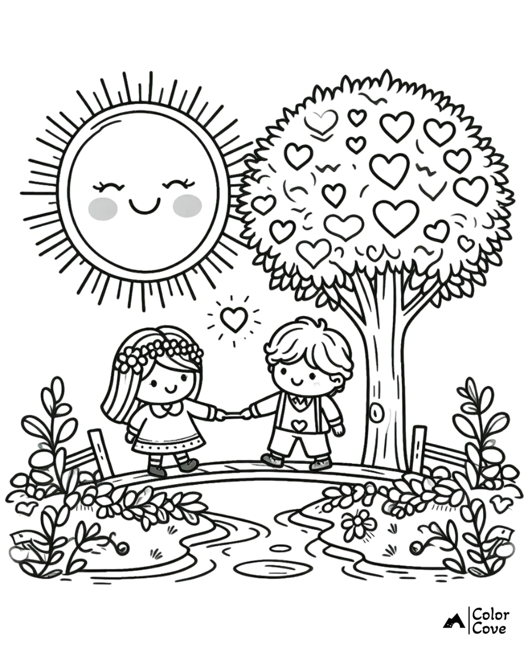 a black and white drawing of a couple of kids holding hands