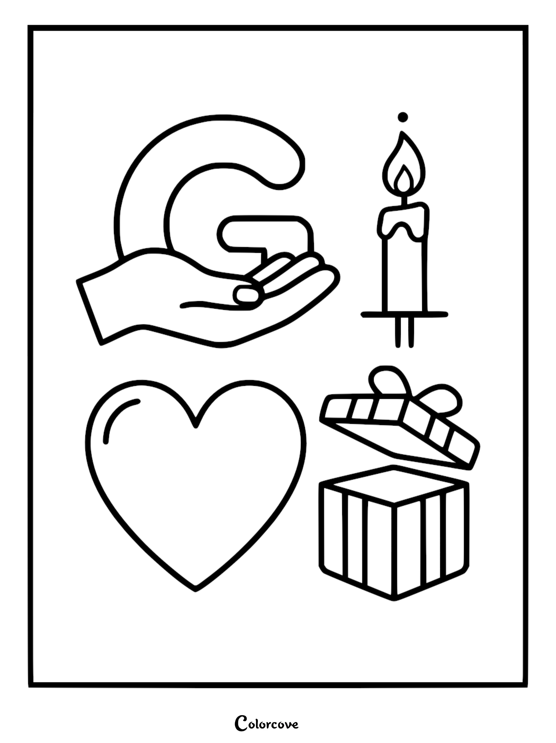A printable coloring page featuring the letter G held in an open hand, a lit candle, a heart shape, and an open gift box.