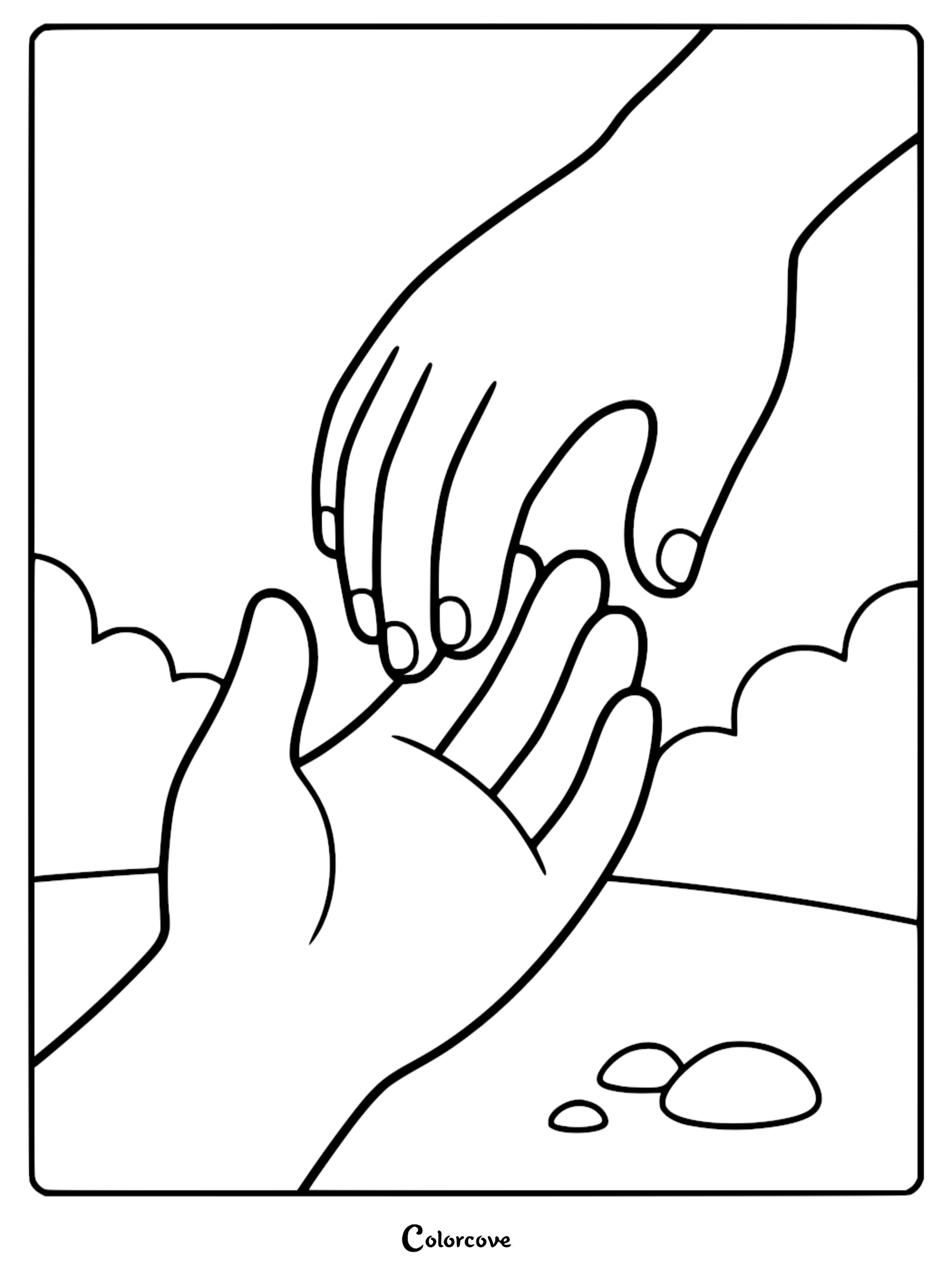 A kindness coloring page showing a large hand reaching down to gently grasp a smaller open hand against a backdrop of simple clouds.
