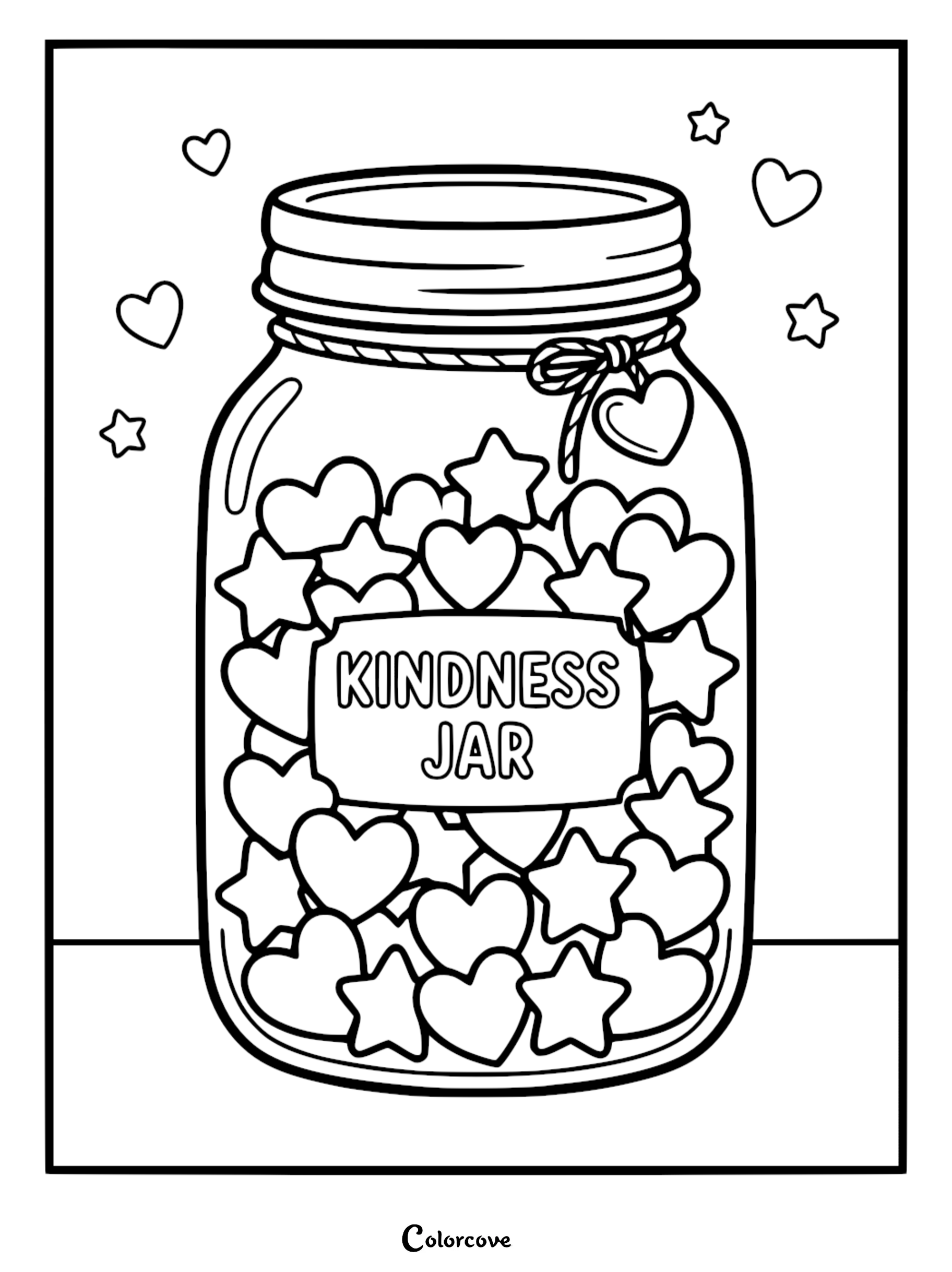 A printable kindness jar coloring page featuring a glass mason jar filled with hearts and stars, with a heart-shaped tag and floating hearts in the background.
