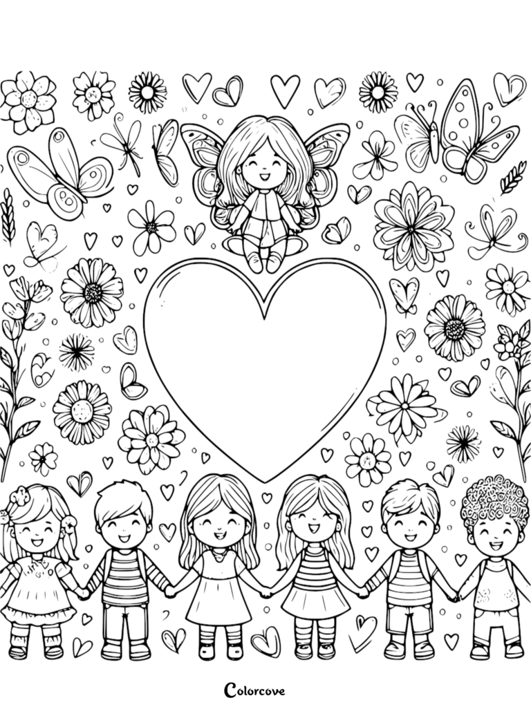 A whimsical coloring page featuring a cute winged fairy sitting above a large heart frame, surrounded by a diverse group of six happy children holding hands among flowers, butterflies, and hearts.