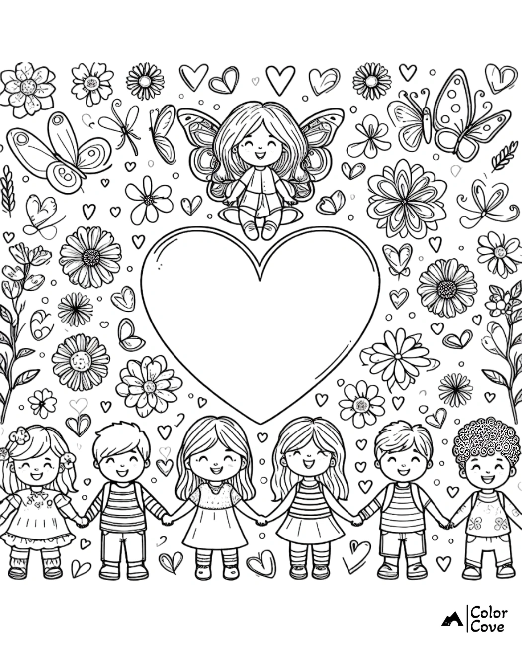 a coloring page of a group of children holding hands