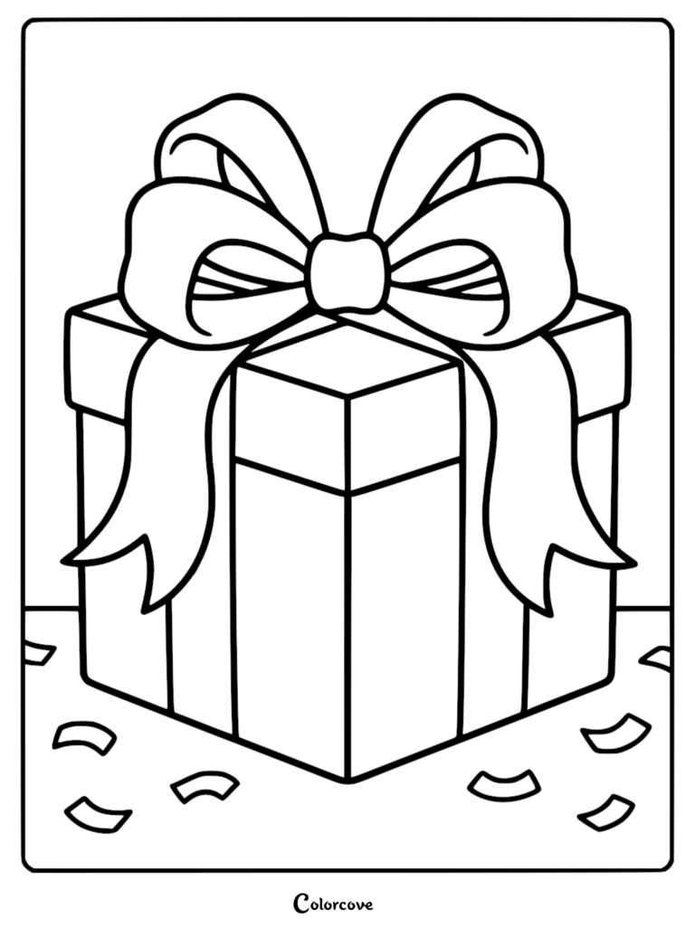 A printable coloring page featuring a square present with a large, flowing ribbon bow, surrounded by scattered confetti bits.