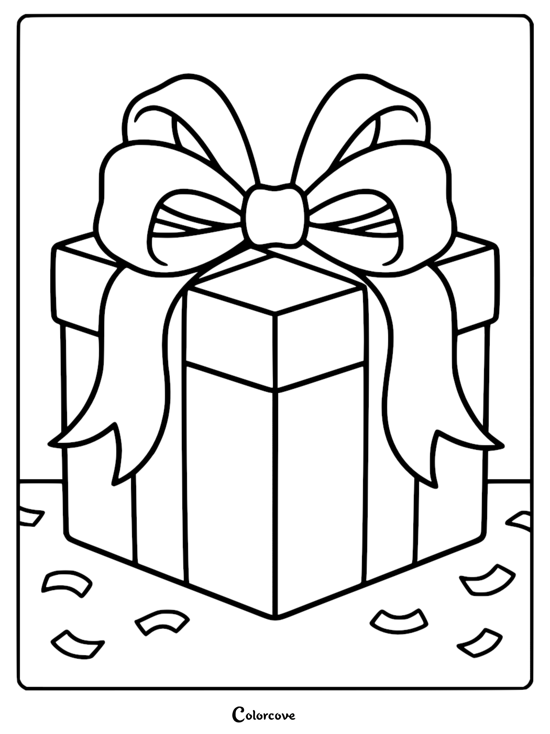 A printable coloring page featuring a square present with a large, flowing ribbon bow, surrounded by scattered confetti bits.