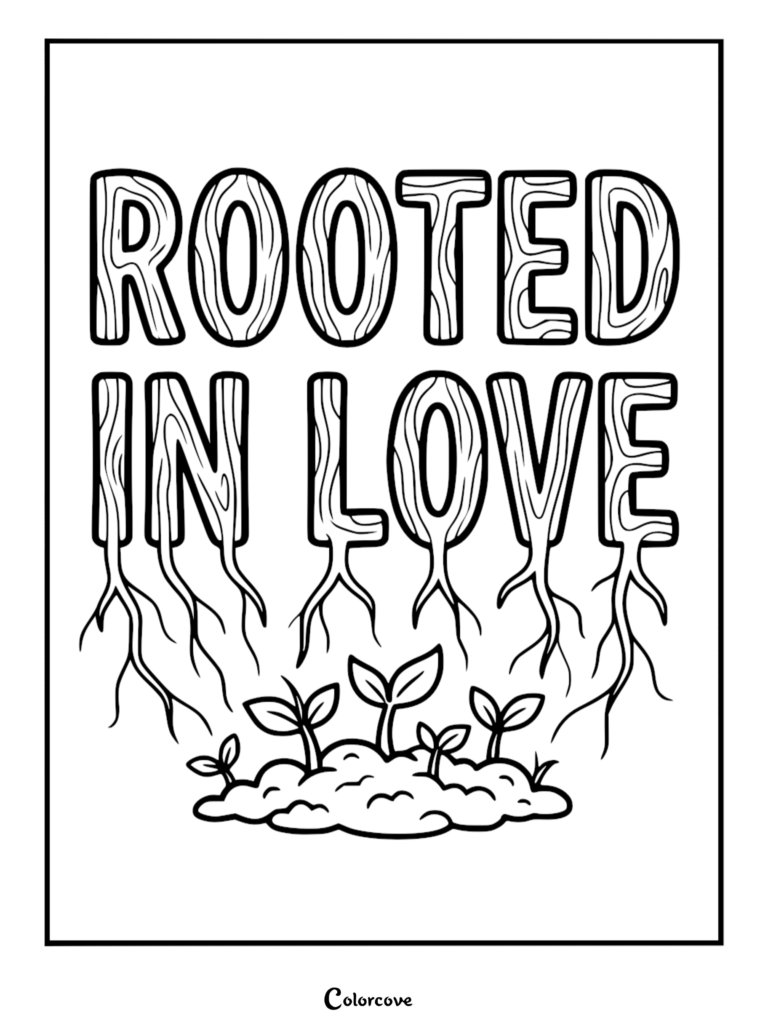 A printable coloring page featuring the words ROOTED IN LOVE in a wooden, textured font with tree roots growing downwards into a small mound of soil with sprouting plant seedlings.
